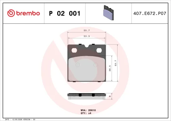 Bremsbelagsatz, Scheibenfeststellbremse Hinterachse BREMBO P 02 001 Bild Bremsbelagsatz, Scheibenfeststellbremse Hinterachse BREMBO P 02 001