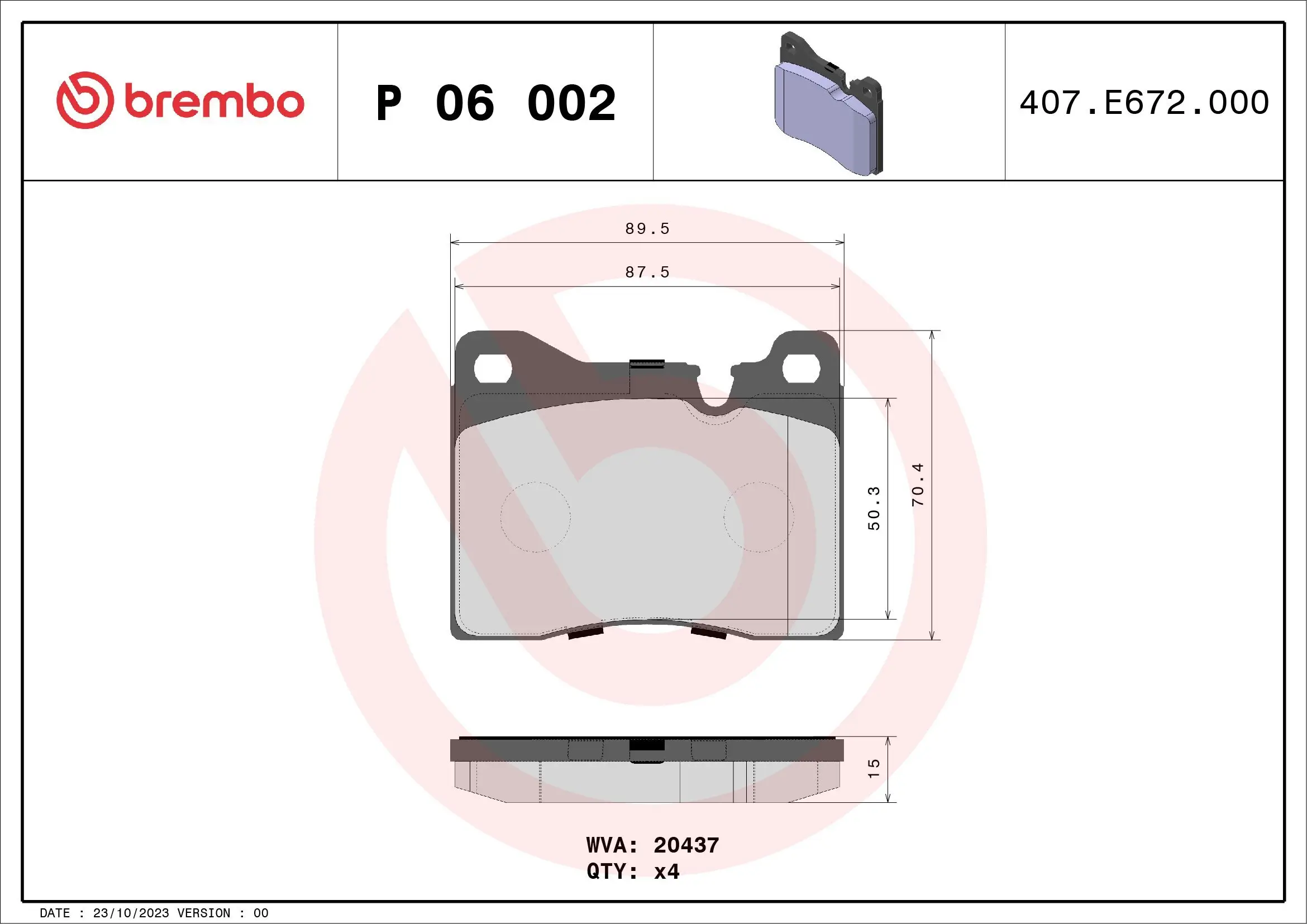 Bremsbelagsatz, Scheibenbremse Vorderachse BREMBO P 06 002