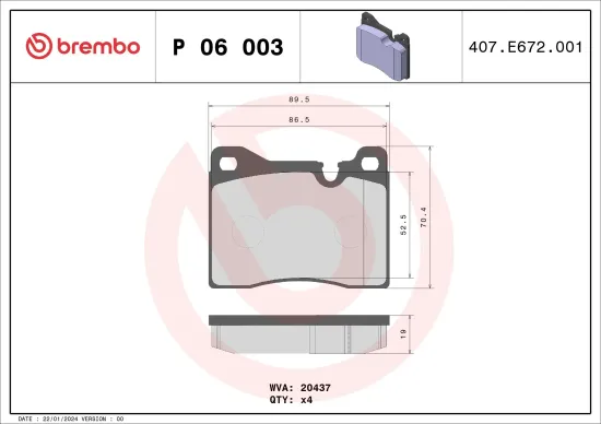 Bremsbelagsatz, Scheibenbremse Vorderachse BREMBO P 06 003 Bild Bremsbelagsatz, Scheibenbremse Vorderachse BREMBO P 06 003