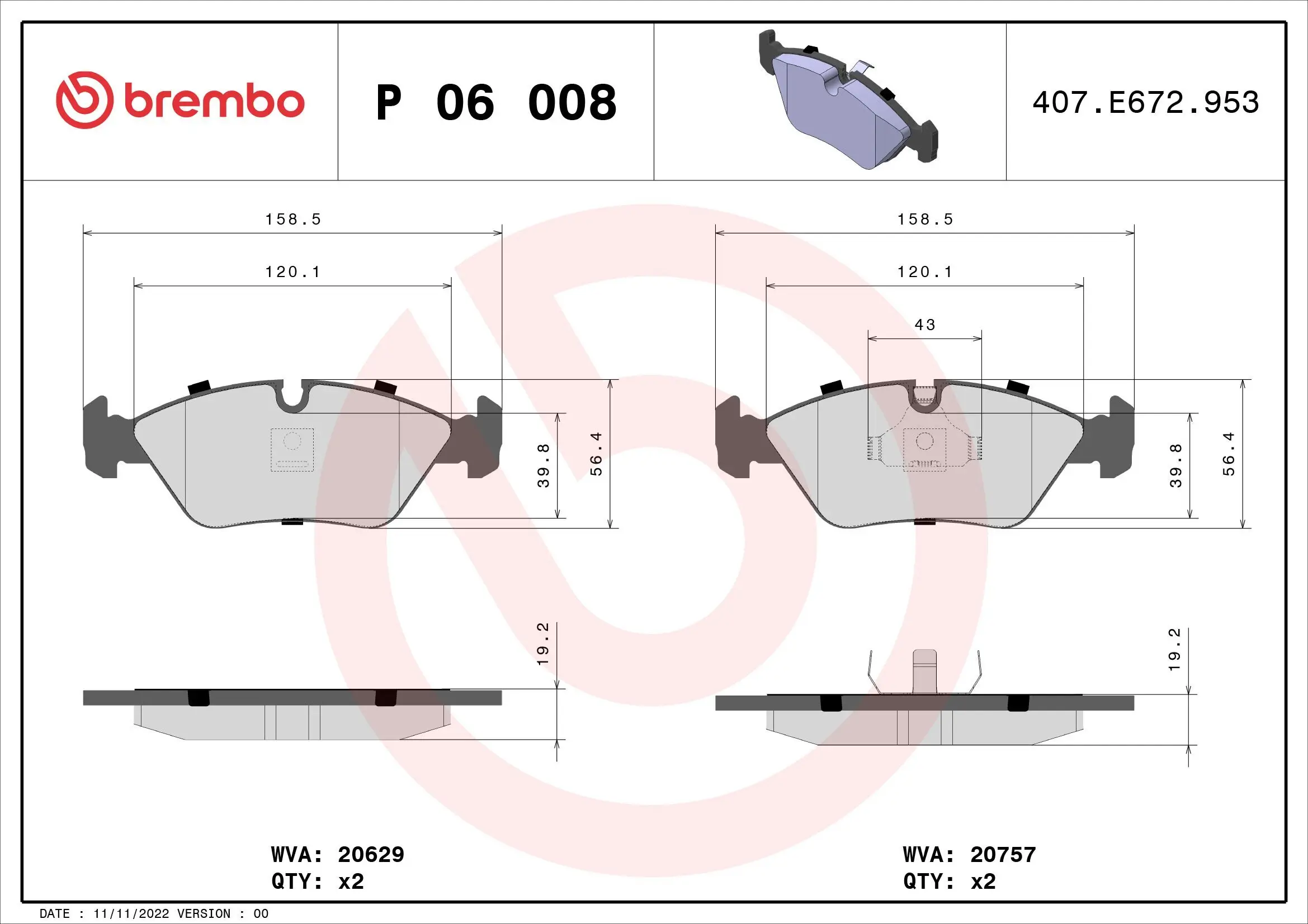 Bremsbelagsatz, Scheibenbremse Vorderachse BREMBO P 06 008