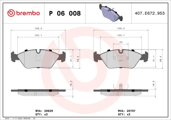 Bremsbelagsatz, Scheibenbremse Vorderachse BREMBO P 06 008 Bild Bremsbelagsatz, Scheibenbremse Vorderachse BREMBO P 06 008