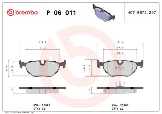 Bremsbelagsatz, Scheibenbremse Hinterachse BREMBO P 06 011 Bild Bremsbelagsatz, Scheibenbremse Hinterachse BREMBO P 06 011
