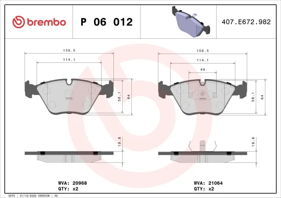 Bremsbelagsatz, Scheibenbremse Vorderachse BREMBO P 06 012 Bild Bremsbelagsatz, Scheibenbremse Vorderachse BREMBO P 06 012
