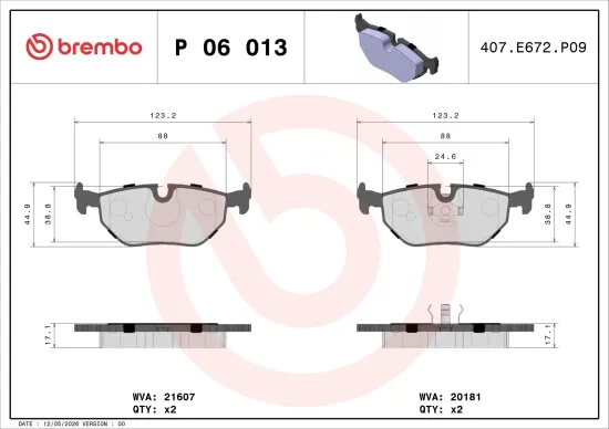 Bremsbelagsatz, Scheibenbremse Hinterachse BREMBO P 06 013 Bild Bremsbelagsatz, Scheibenbremse Hinterachse BREMBO P 06 013