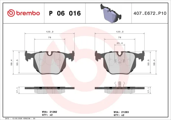 Bremsbelagsatz, Scheibenbremse Hinterachse BREMBO P 06 016 Bild Bremsbelagsatz, Scheibenbremse Hinterachse BREMBO P 06 016