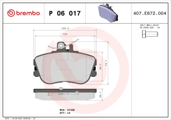 Bremsbelagsatz, Scheibenbremse Vorderachse BREMBO P 06 017 Bild Bremsbelagsatz, Scheibenbremse Vorderachse BREMBO P 06 017