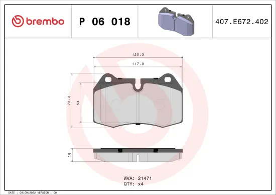 Bremsbelagsatz, Scheibenbremse Vorderachse BREMBO P 06 018 Bild Bremsbelagsatz, Scheibenbremse Vorderachse BREMBO P 06 018