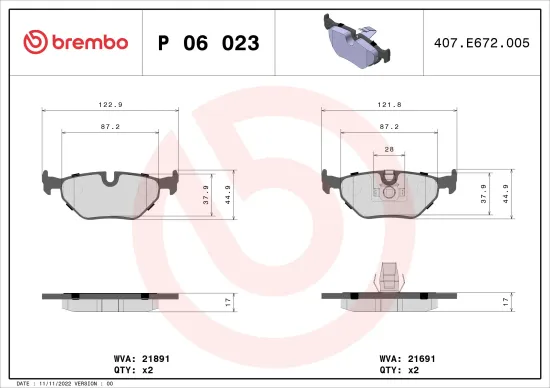 Bremsbelagsatz, Scheibenbremse Hinterachse BREMBO P 06 023 Bild Bremsbelagsatz, Scheibenbremse Hinterachse BREMBO P 06 023