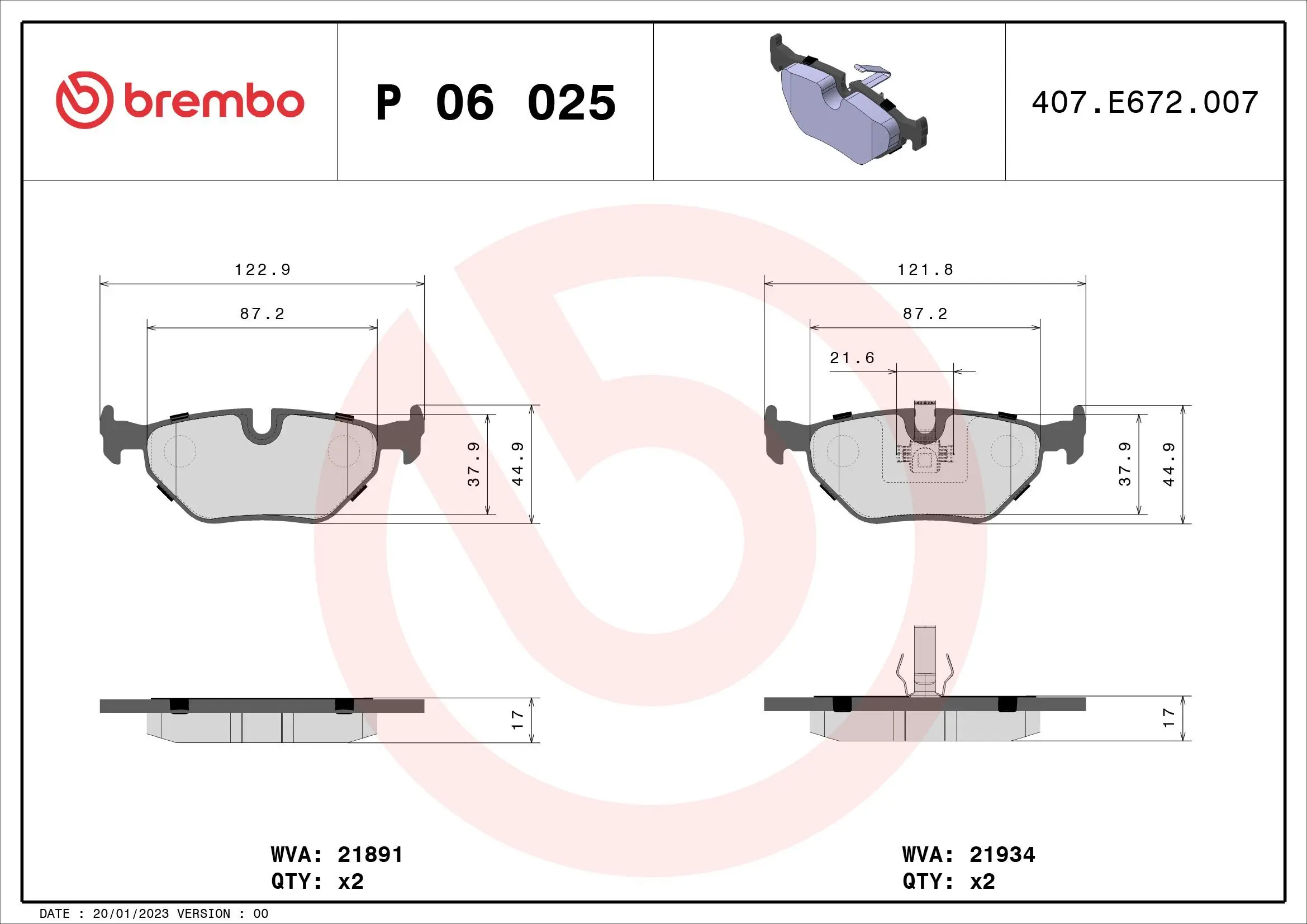 Bremsbelagsatz, Scheibenbremse Hinterachse BREMBO P 06 025