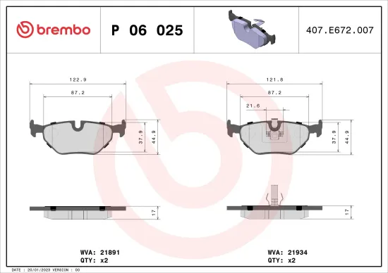 Bremsbelagsatz, Scheibenbremse Hinterachse BREMBO P 06 025 Bild Bremsbelagsatz, Scheibenbremse Hinterachse BREMBO P 06 025