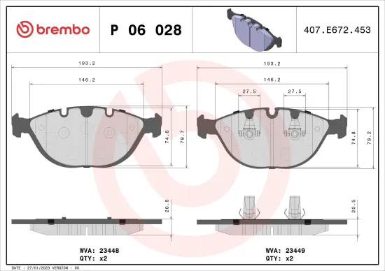 Bremsbelagsatz, Scheibenbremse Vorderachse BREMBO P 06 028 Bild Bremsbelagsatz, Scheibenbremse Vorderachse BREMBO P 06 028