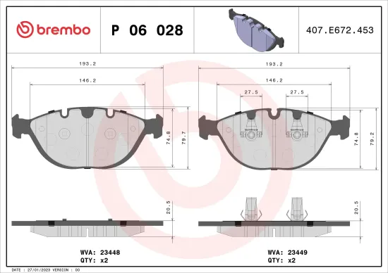 Bremsbelagsatz, Scheibenbremse Vorderachse BREMBO P 06 028 Bild Bremsbelagsatz, Scheibenbremse Vorderachse BREMBO P 06 028