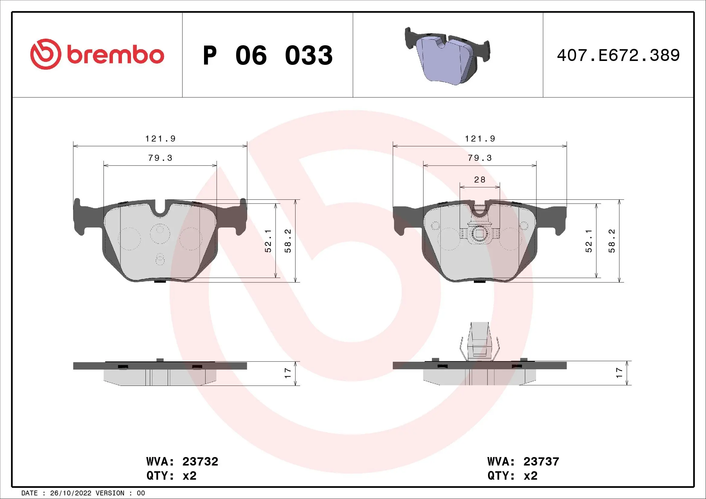 Bremsbelagsatz, Scheibenbremse Hinterachse BREMBO P 06 033