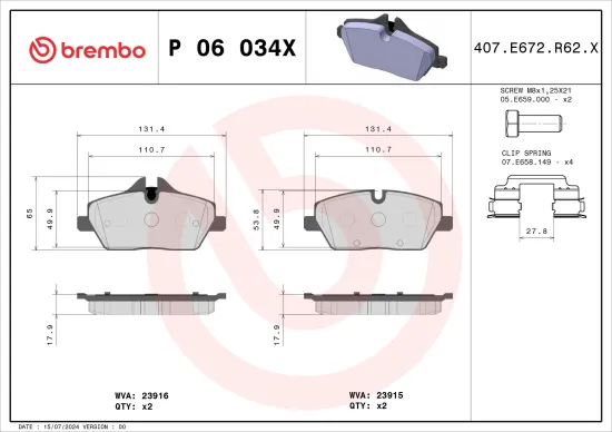 Bremsbelagsatz, Scheibenbremse Vorderachse BREMBO P 06 034X Bild Bremsbelagsatz, Scheibenbremse Vorderachse BREMBO P 06 034X