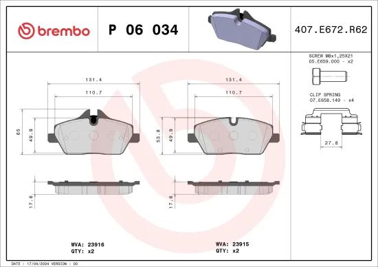 Bremsbelagsatz, Scheibenbremse Vorderachse BREMBO P 06 034 Bild Bremsbelagsatz, Scheibenbremse Vorderachse BREMBO P 06 034