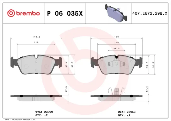 Bremsbelagsatz, Scheibenbremse Vorderachse BREMBO P 06 035X Bild Bremsbelagsatz, Scheibenbremse Vorderachse BREMBO P 06 035X