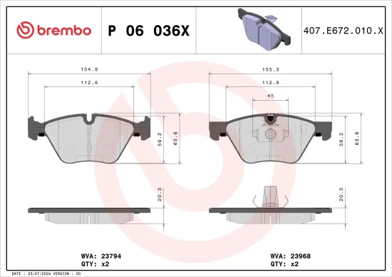Bremsbelagsatz, Scheibenbremse Vorderachse BREMBO P 06 036X Bild Bremsbelagsatz, Scheibenbremse Vorderachse BREMBO P 06 036X