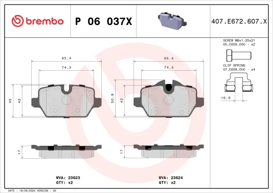 Bremsbelagsatz, Scheibenbremse Hinterachse BREMBO P 06 037X Bild Bremsbelagsatz, Scheibenbremse Hinterachse BREMBO P 06 037X