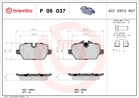 Bremsbelagsatz, Scheibenbremse Hinterachse BREMBO P 06 037 Bild Bremsbelagsatz, Scheibenbremse Hinterachse BREMBO P 06 037