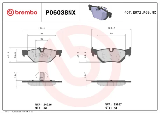 Bremsbelagsatz, Scheibenbremse Hinterachse BREMBO P06038NX Bild Bremsbelagsatz, Scheibenbremse Hinterachse BREMBO P06038NX