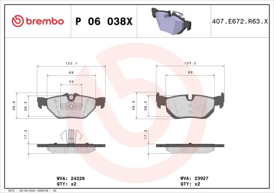 Bremsbelagsatz, Scheibenbremse Hinterachse BREMBO P 06 038X Bild Bremsbelagsatz, Scheibenbremse Hinterachse BREMBO P 06 038X