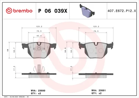 Bremsbelagsatz, Scheibenbremse Hinterachse BREMBO P 06 039X Bild Bremsbelagsatz, Scheibenbremse Hinterachse BREMBO P 06 039X