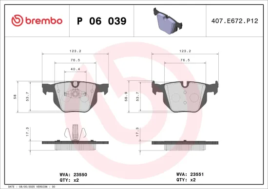 Bremsbelagsatz, Scheibenbremse Hinterachse BREMBO P 06 039 Bild Bremsbelagsatz, Scheibenbremse Hinterachse BREMBO P 06 039