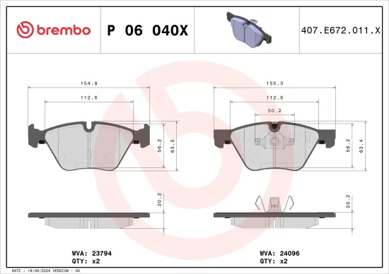 Bremsbelagsatz, Scheibenbremse Vorderachse BREMBO P 06 040X Bild Bremsbelagsatz, Scheibenbremse Vorderachse BREMBO P 06 040X
