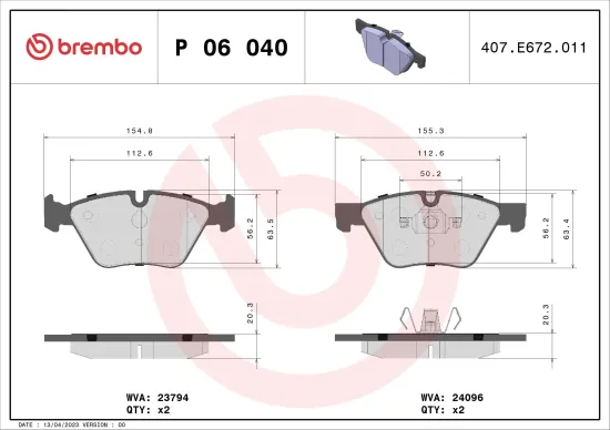 Bremsbelagsatz, Scheibenbremse Vorderachse BREMBO P 06 040X Bild Bremsbelagsatz, Scheibenbremse Vorderachse BREMBO P 06 040X