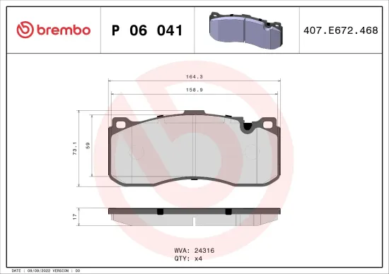 Bremsbelagsatz, Scheibenbremse Vorderachse BREMBO P 06 041 Bild Bremsbelagsatz, Scheibenbremse Vorderachse BREMBO P 06 041