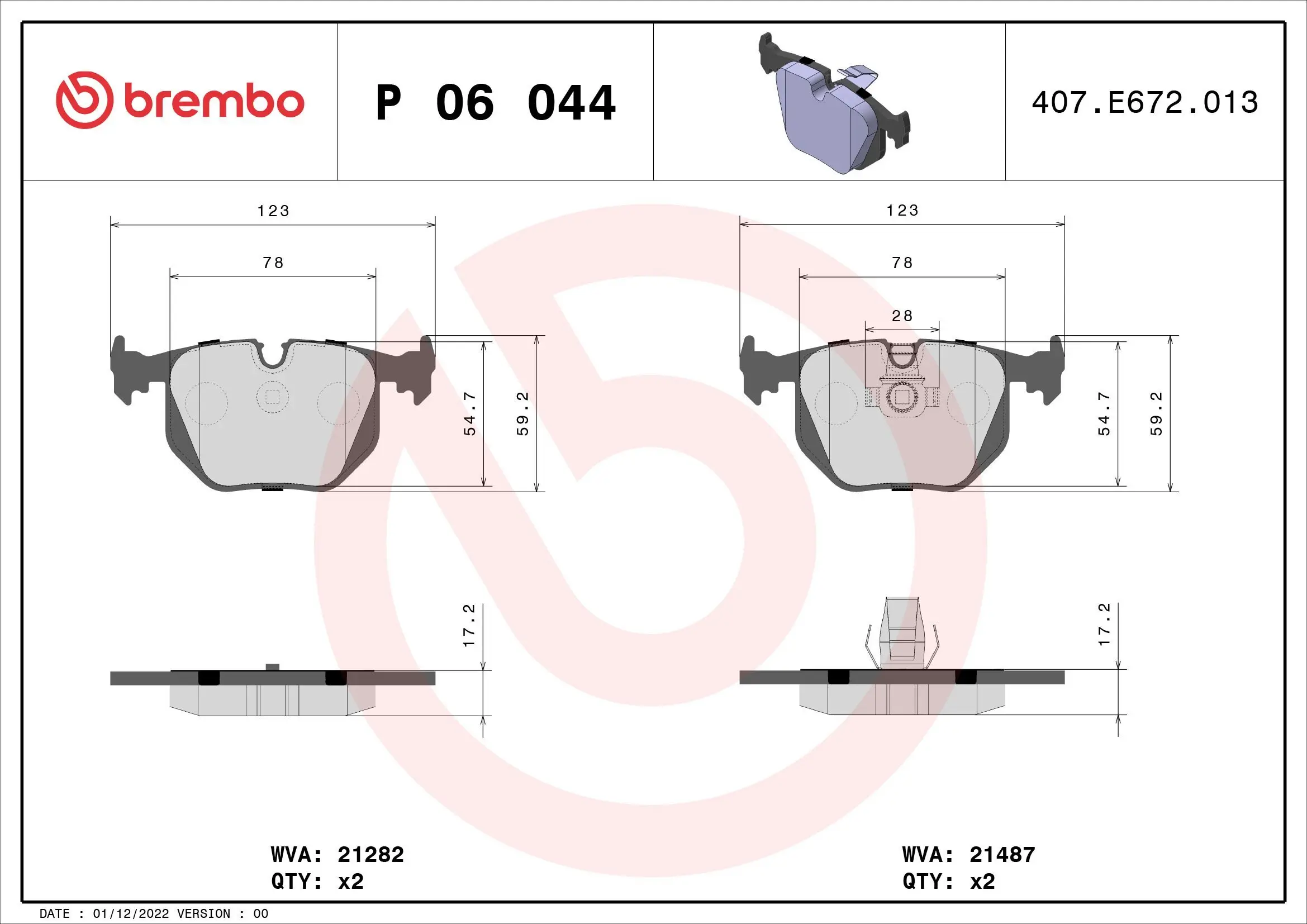 Bremsbelagsatz, Scheibenbremse Hinterachse BREMBO P 06 044