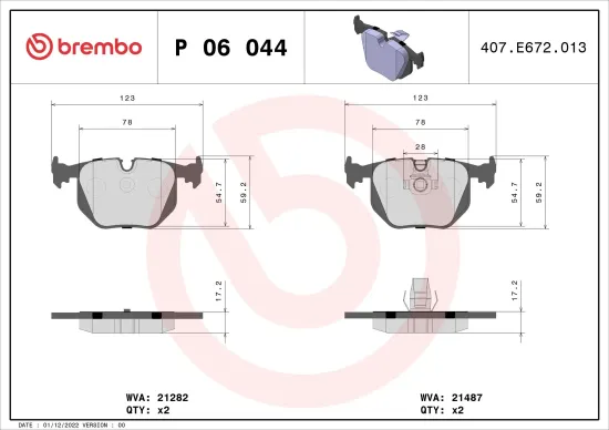 Bremsbelagsatz, Scheibenbremse Hinterachse BREMBO P 06 044 Bild Bremsbelagsatz, Scheibenbremse Hinterachse BREMBO P 06 044
