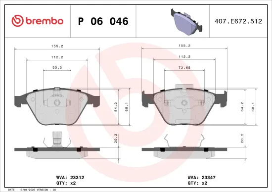 Bremsbelagsatz, Scheibenbremse Vorderachse BREMBO P 06 046 Bild Bremsbelagsatz, Scheibenbremse Vorderachse BREMBO P 06 046