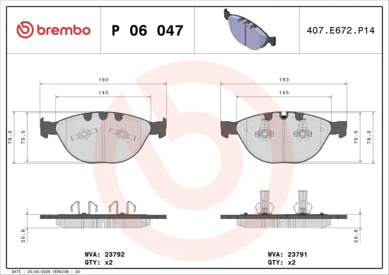 Bremsbelagsatz, Scheibenbremse Vorderachse BREMBO P 06 047 Bild Bremsbelagsatz, Scheibenbremse Vorderachse BREMBO P 06 047