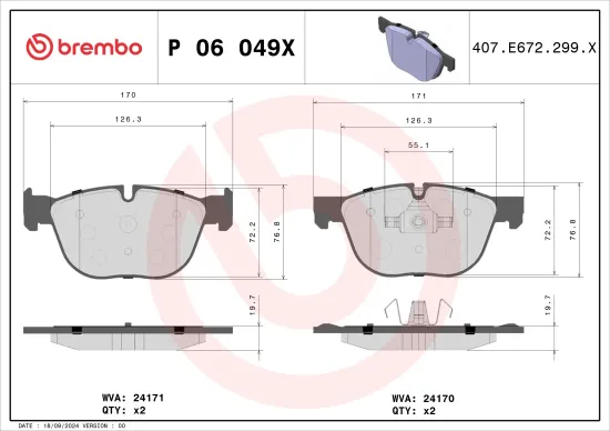 Bremsbelagsatz, Scheibenbremse Vorderachse BREMBO P 06 049X Bild Bremsbelagsatz, Scheibenbremse Vorderachse BREMBO P 06 049X