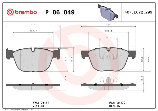 Bremsbelagsatz, Scheibenbremse Vorderachse BREMBO P 06 049 Bild Bremsbelagsatz, Scheibenbremse Vorderachse BREMBO P 06 049