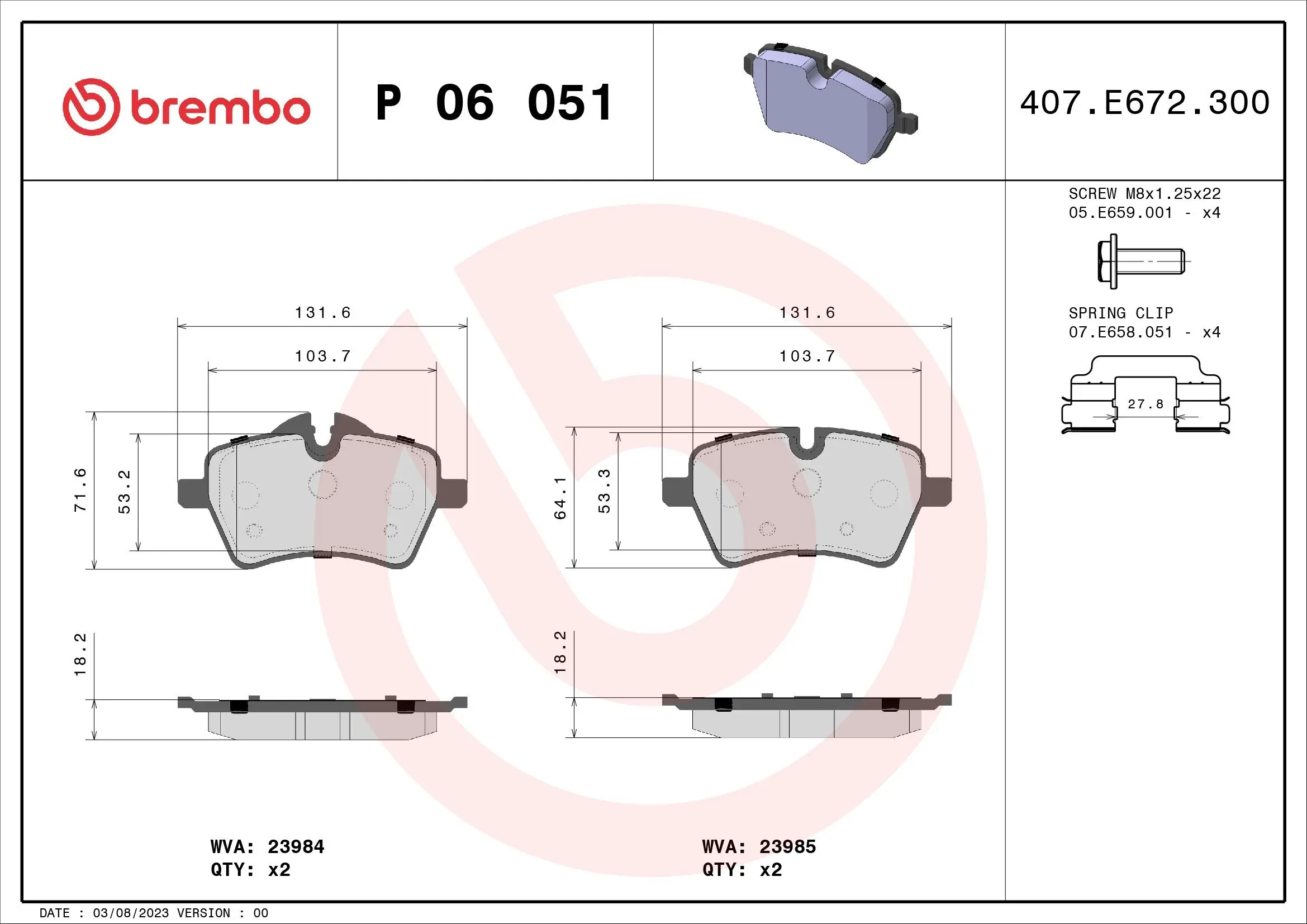 Bremsbelagsatz, Scheibenbremse Vorderachse BREMBO P 06 051