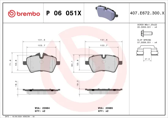 Bremsbelagsatz, Scheibenbremse Vorderachse BREMBO P 06 051X Bild Bremsbelagsatz, Scheibenbremse Vorderachse BREMBO P 06 051X