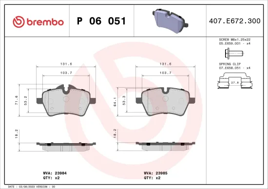 Bremsbelagsatz, Scheibenbremse Vorderachse BREMBO P 06 051 Bild Bremsbelagsatz, Scheibenbremse Vorderachse BREMBO P 06 051