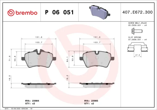 Bremsbelagsatz, Scheibenbremse Vorderachse BREMBO P 06 051 Bild Bremsbelagsatz, Scheibenbremse Vorderachse BREMBO P 06 051