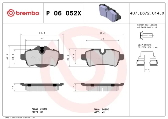 Bremsbelagsatz, Scheibenbremse Hinterachse BREMBO P 06 052X Bild Bremsbelagsatz, Scheibenbremse Hinterachse BREMBO P 06 052X