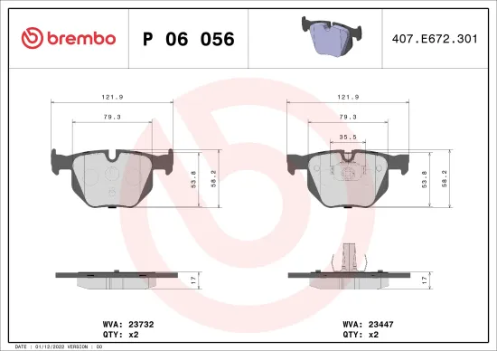 Bremsbelagsatz, Scheibenbremse Hinterachse BREMBO P 06 056 Bild Bremsbelagsatz, Scheibenbremse Hinterachse BREMBO P 06 056