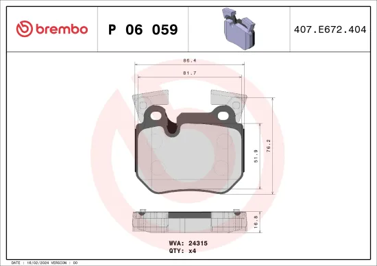 Bremsbelagsatz, Scheibenbremse Hinterachse BREMBO P 06 059 Bild Bremsbelagsatz, Scheibenbremse Hinterachse BREMBO P 06 059