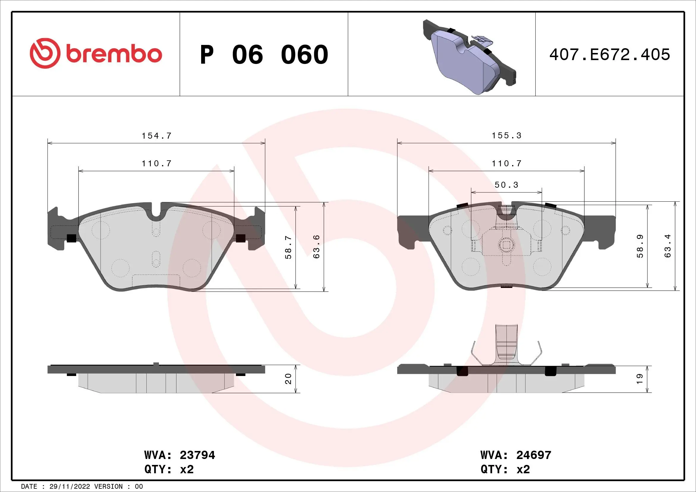 Bremsbelagsatz, Scheibenbremse Vorderachse BREMBO P 06 060