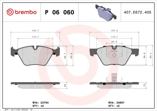 Bremsbelagsatz, Scheibenbremse Vorderachse BREMBO P 06 060 Bild Bremsbelagsatz, Scheibenbremse Vorderachse BREMBO P 06 060