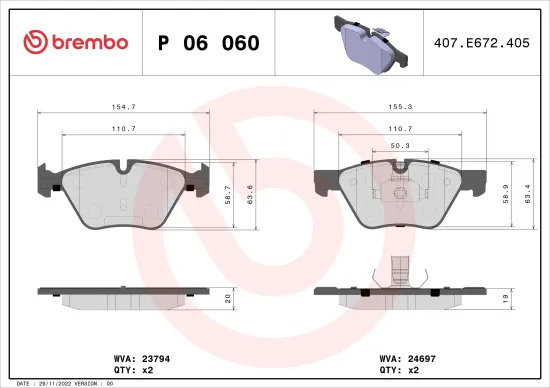 Bremsbelagsatz, Scheibenbremse Vorderachse BREMBO P 06 060 Bild Bremsbelagsatz, Scheibenbremse Vorderachse BREMBO P 06 060