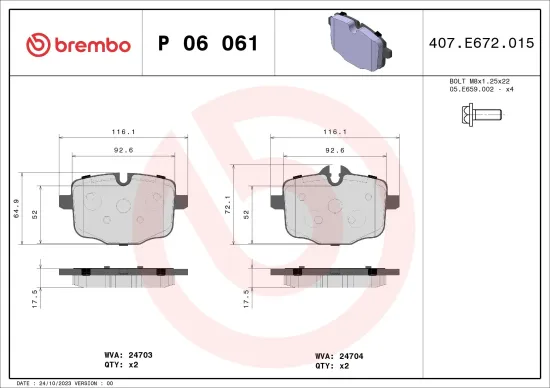 Bremsbelagsatz, Scheibenbremse BREMBO P 06 061 Bild Bremsbelagsatz, Scheibenbremse BREMBO P 06 061