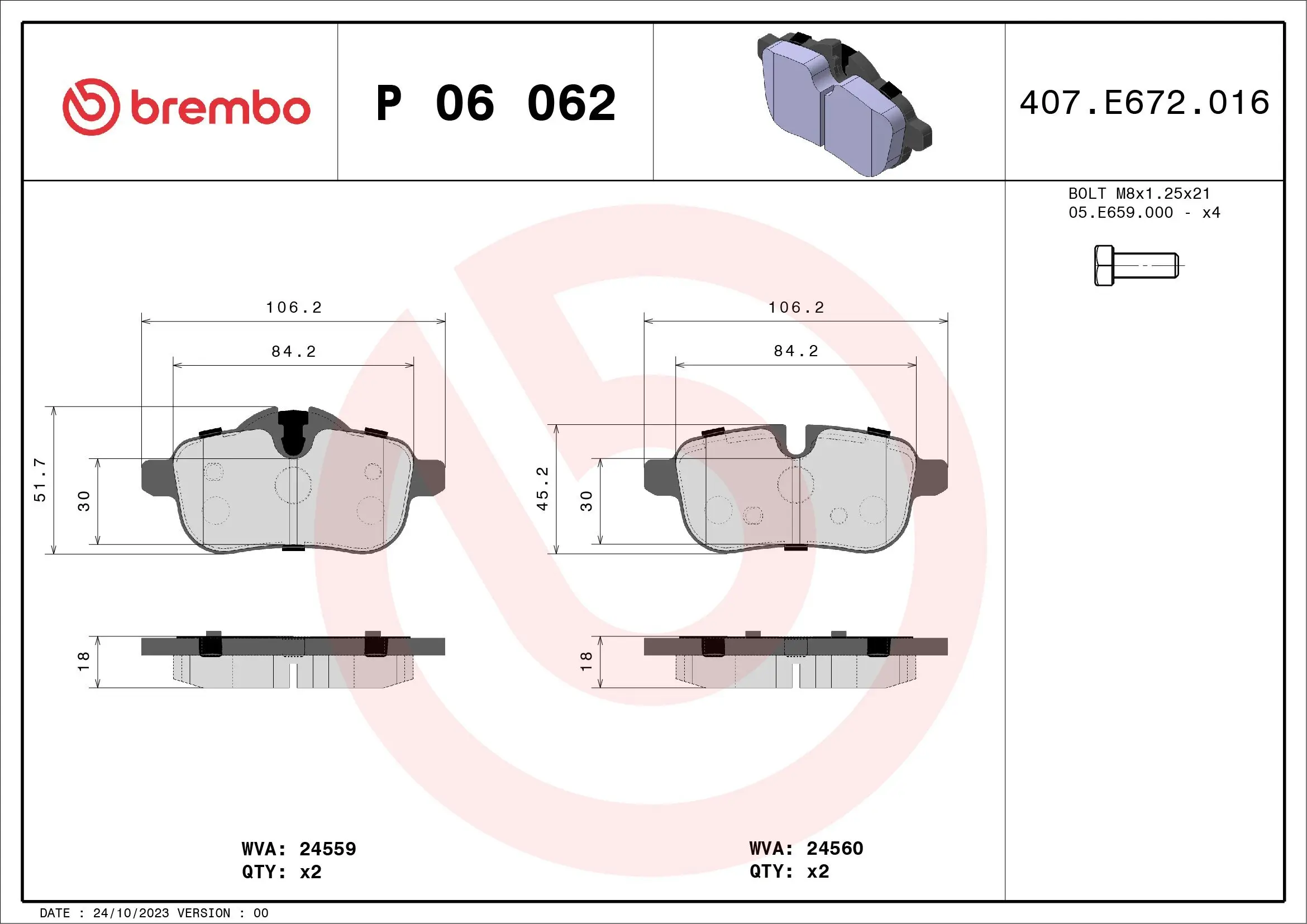 Bremsbelagsatz, Scheibenbremse Hinterachse BREMBO P 06 062
