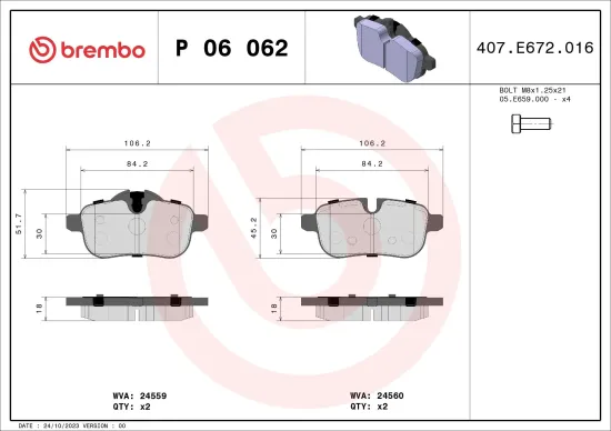 Bremsbelagsatz, Scheibenbremse Hinterachse BREMBO P 06 062 Bild Bremsbelagsatz, Scheibenbremse Hinterachse BREMBO P 06 062