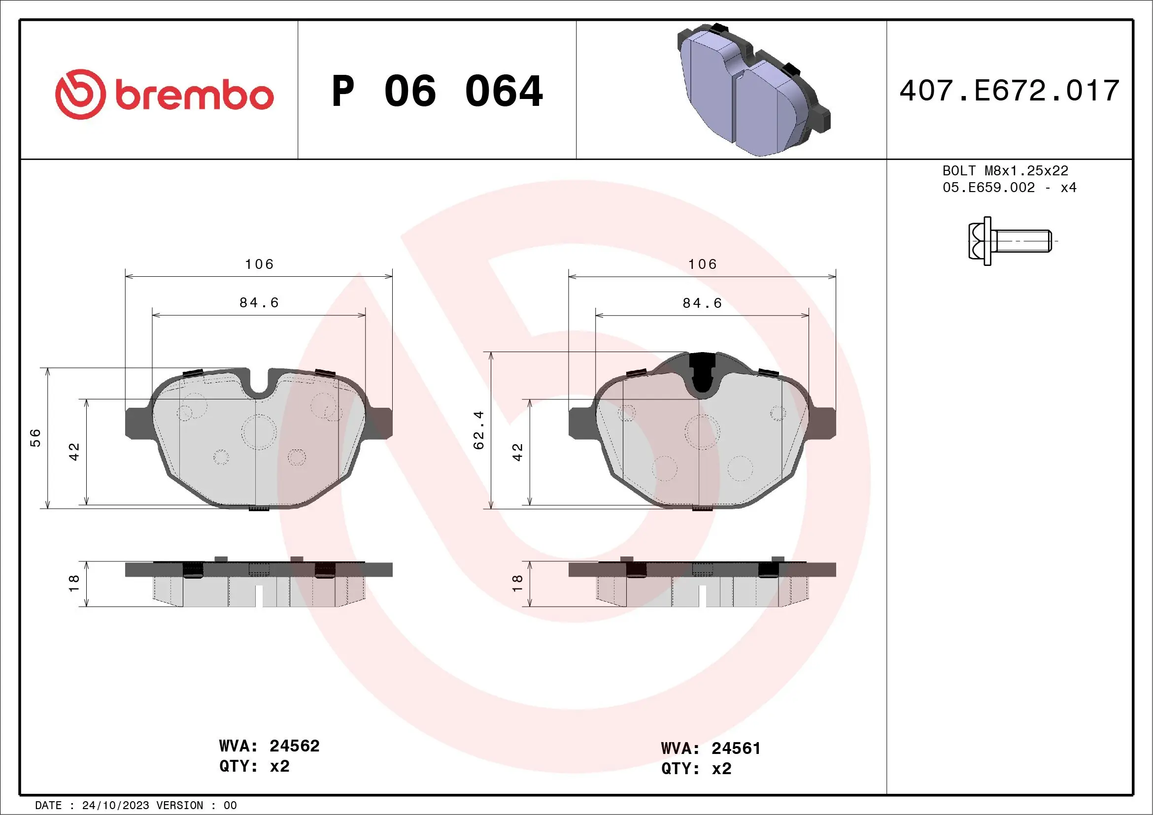 Bremsbelagsatz, Scheibenbremse Hinterachse BREMBO P 06 064